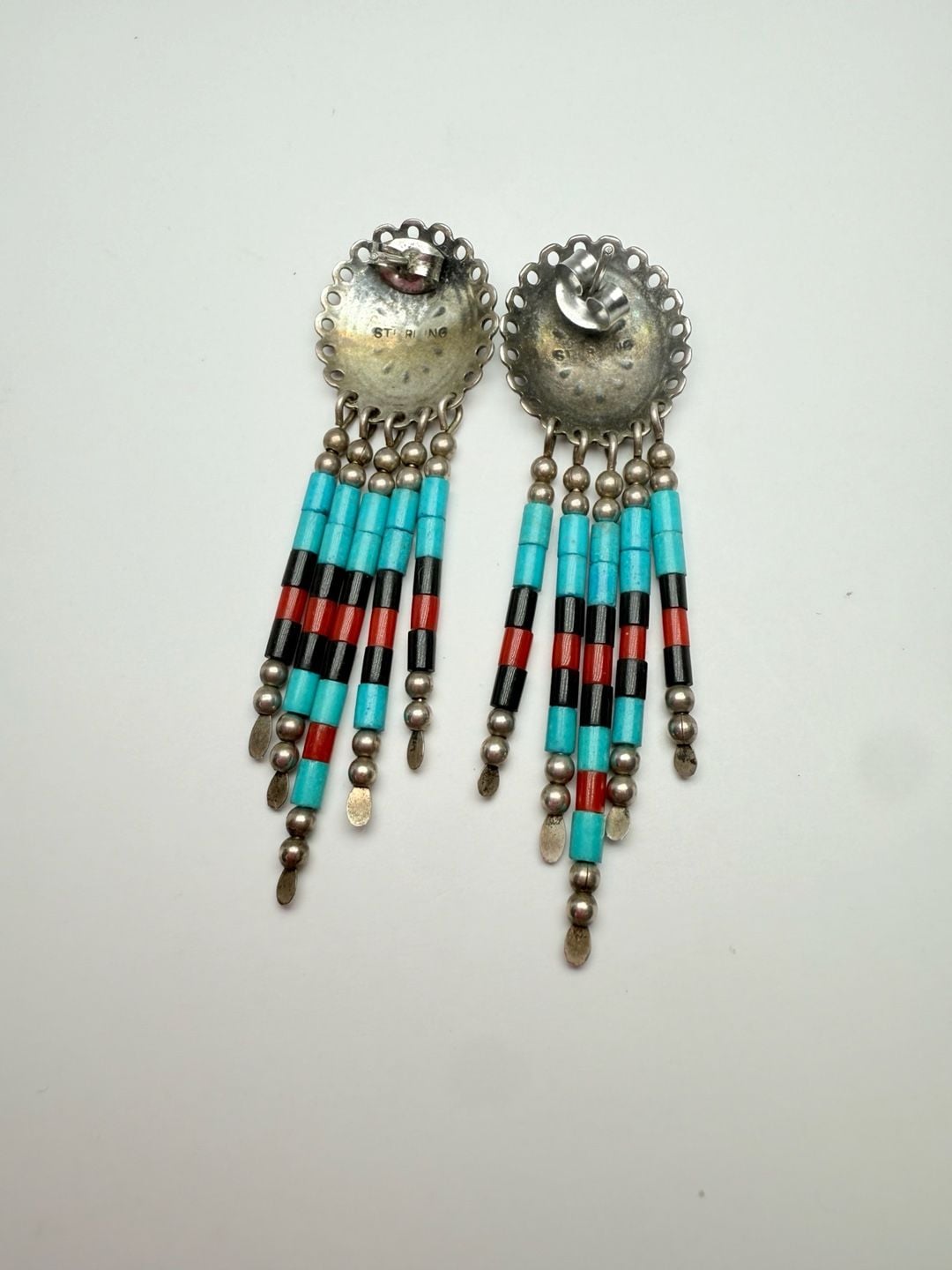 QT Vintage Southwestern Sterling Concho Multi Stone Dangle Earrings 5