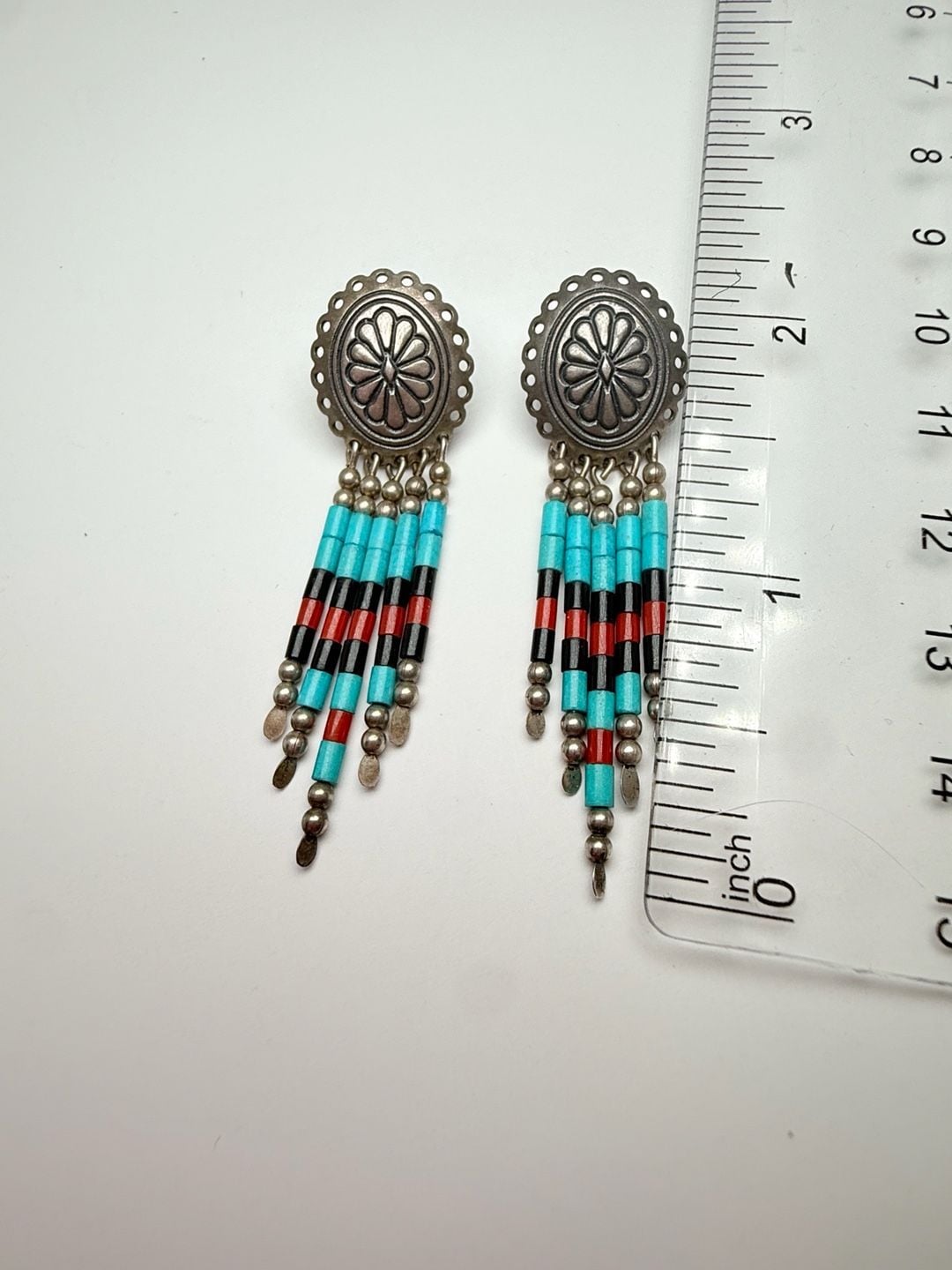 QT Vintage Southwestern Sterling Concho Multi Stone Dangle Earrings 7