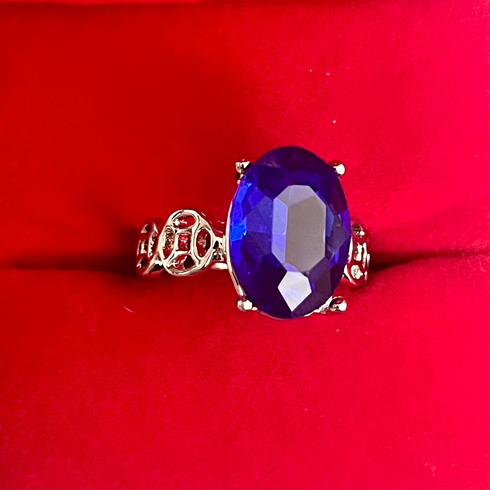Blue Faux Sapphire Titanium Steel Silver Cocktail Ring Size 8 4