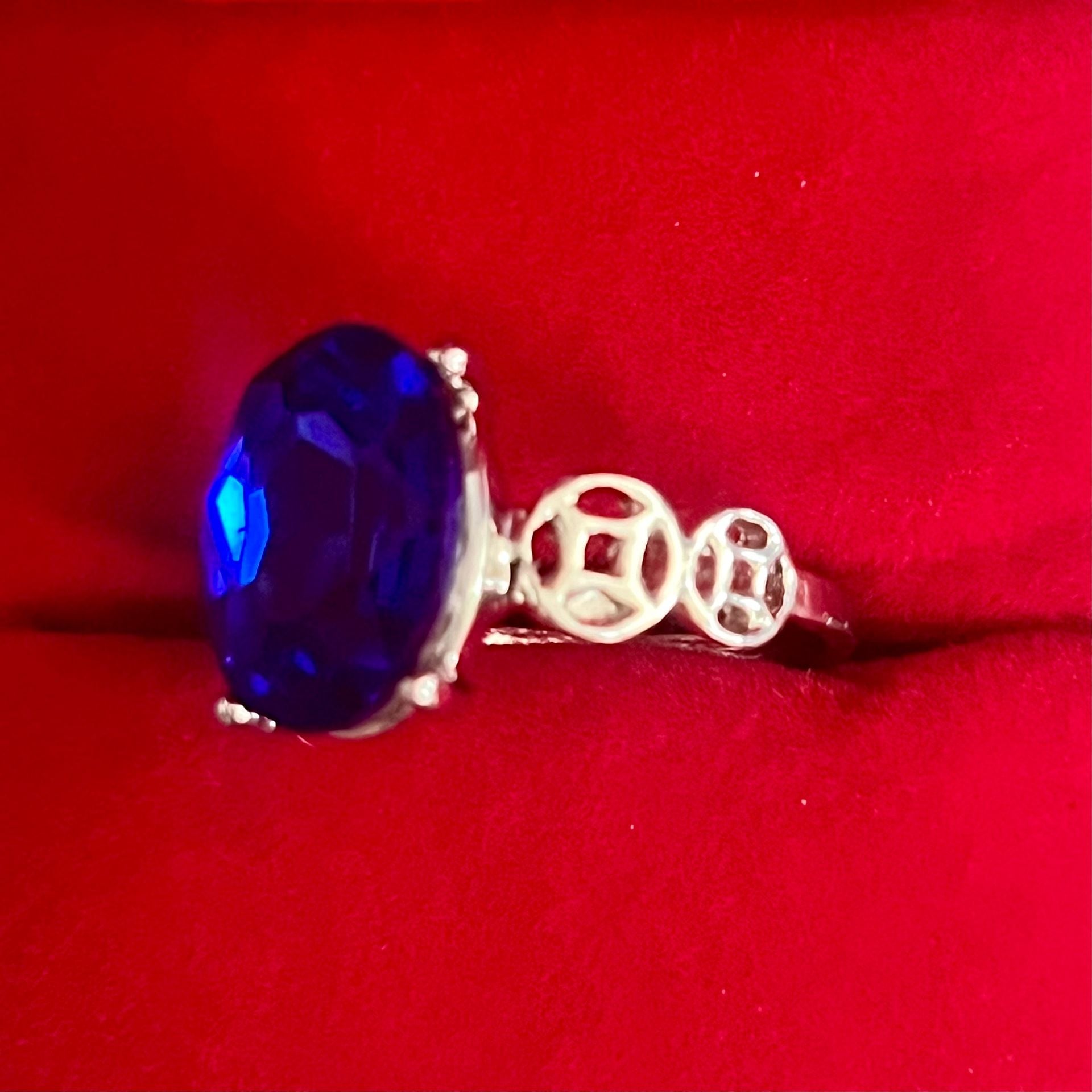 Blue Faux Sapphire Titanium Steel Silver Cocktail Ring Size 8 5
