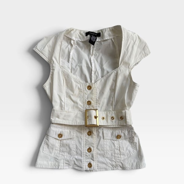 Arden B. Vest Size S White Cotton Blend Belted Gold Hardware Y2K