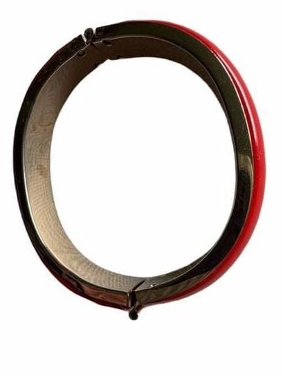 Vintage Red Enamel Gold Tone Hinged Clamper Bracelet 4