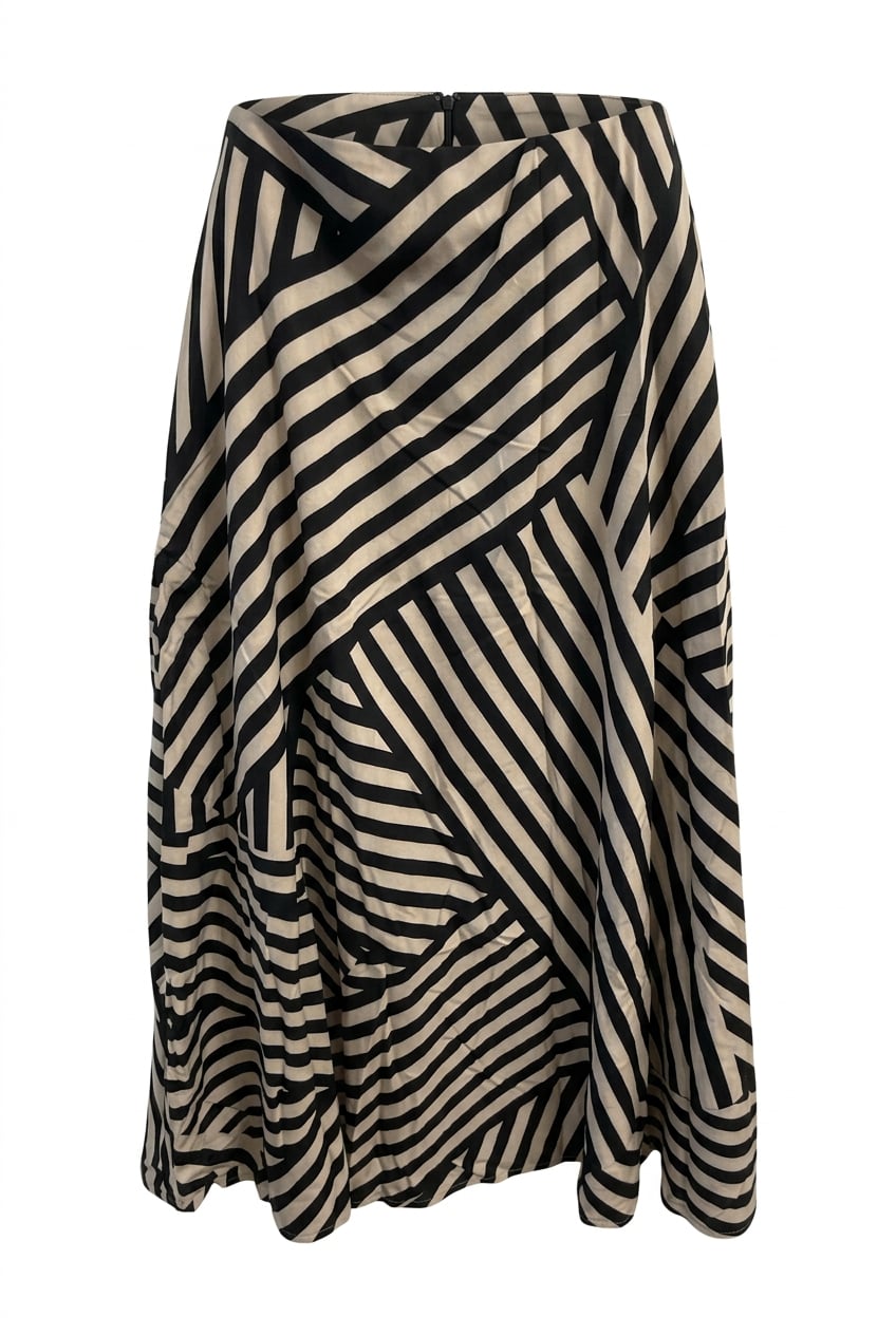 LUNE Women's Black & Apricot Striped Patchwork Print Loose A-Line Long Skirt 2