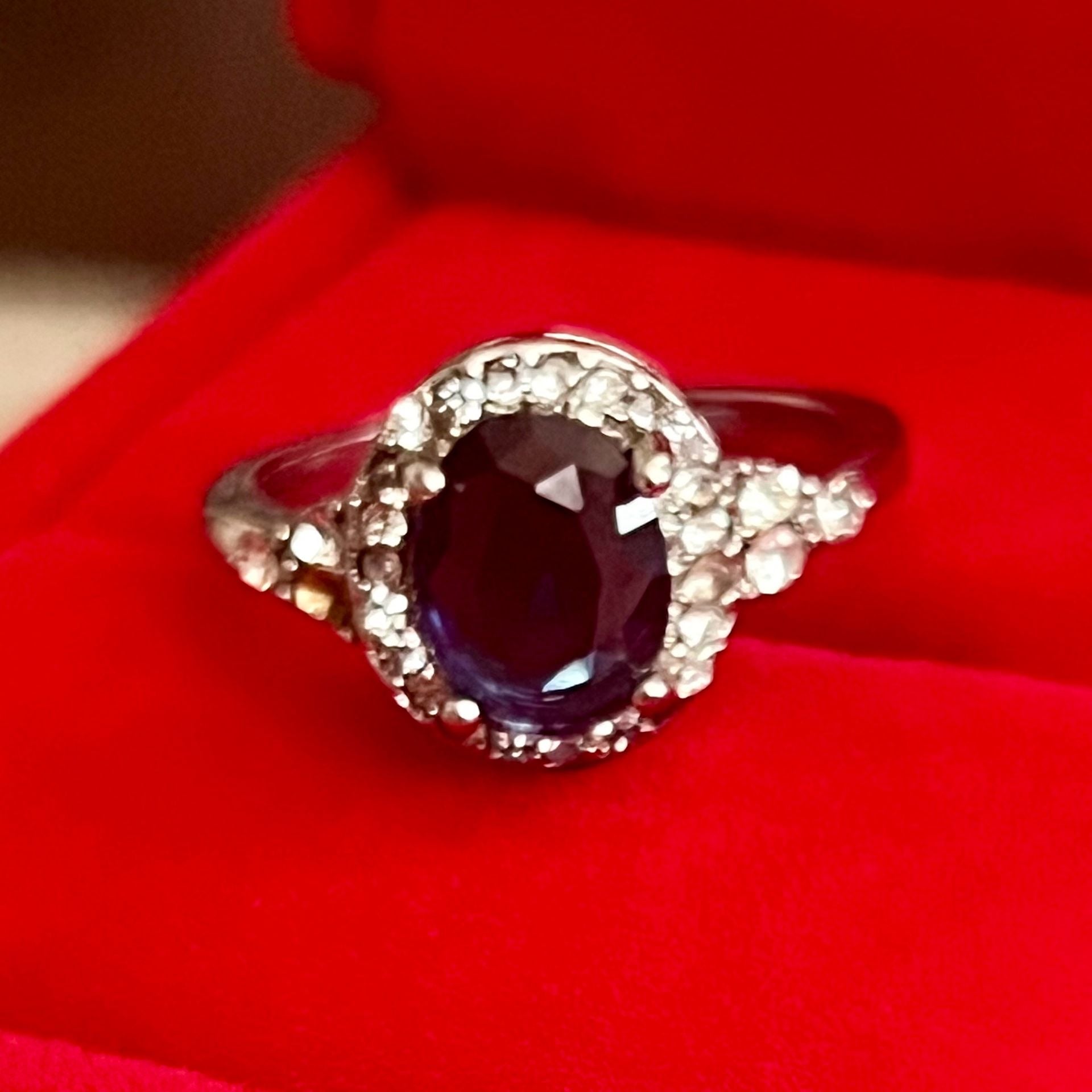 Oval Blue Sapphire Halo Cocktail Ring Titanium Steel Silver Size 7 5