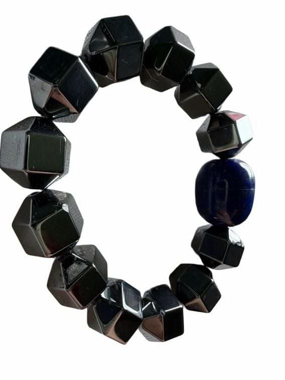 Handmade Faceted Hematite Lapis Lazuli Bracelet 7
