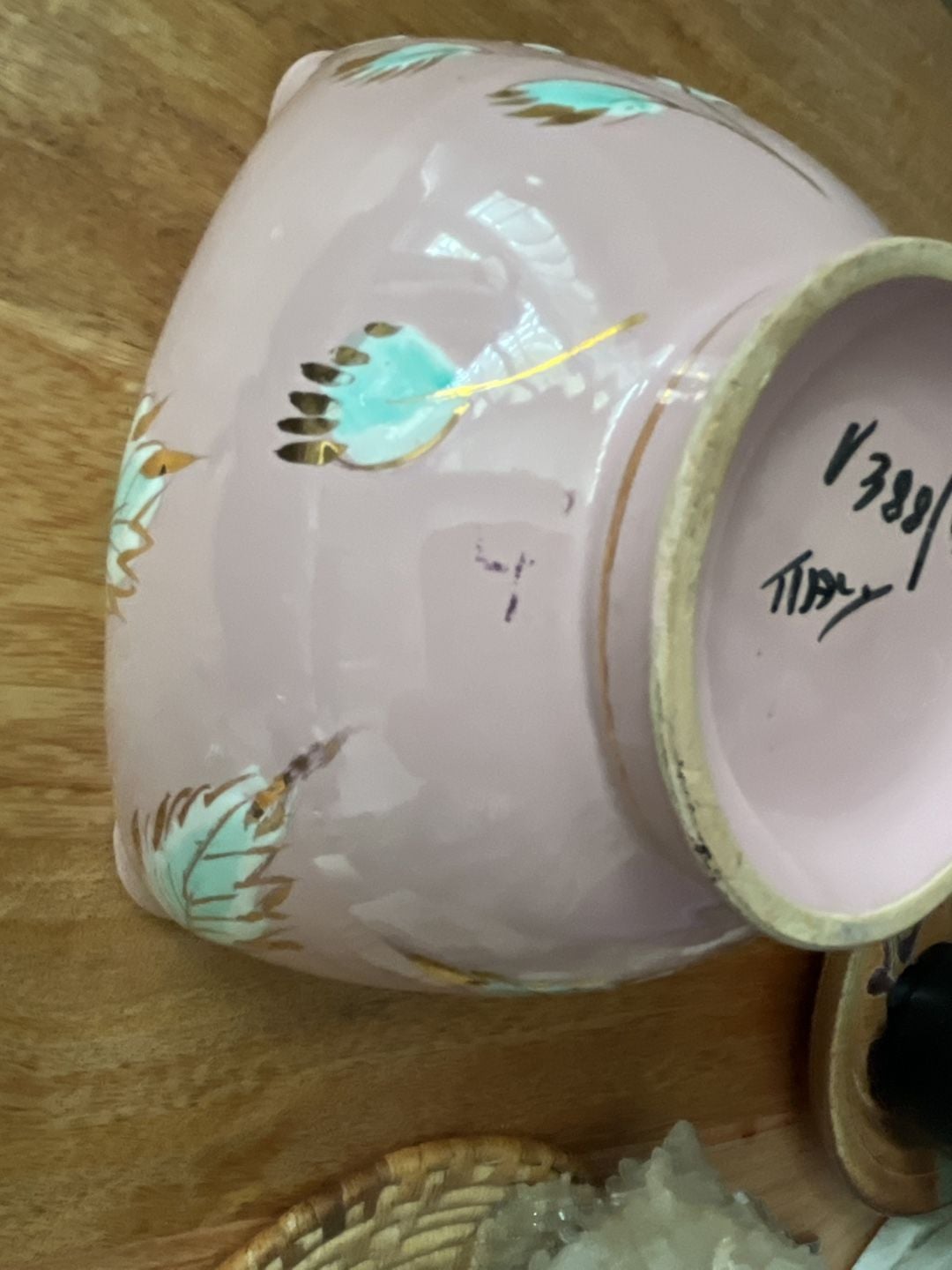 Vintage Pink Ceramic Plant Pot with Hand-Painted Floral Design and Gold Trim 6