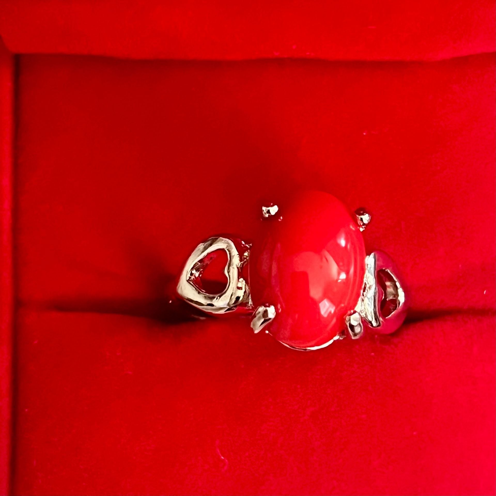 Atrium Red Gemstone with Heart Accents Titanium Steel Silver Ring Size 9 3