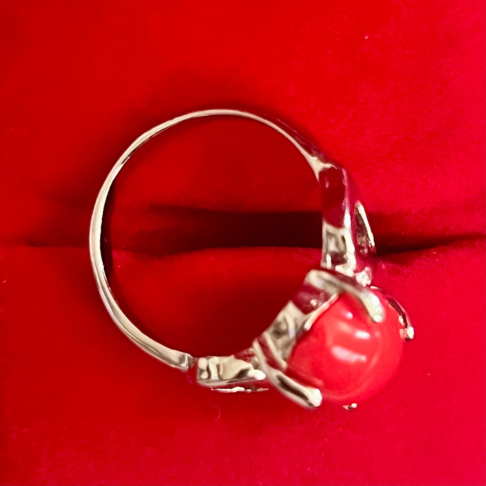 Atrium Red Gemstone with Heart Accents Titanium Steel Silver Ring Size 9 6
