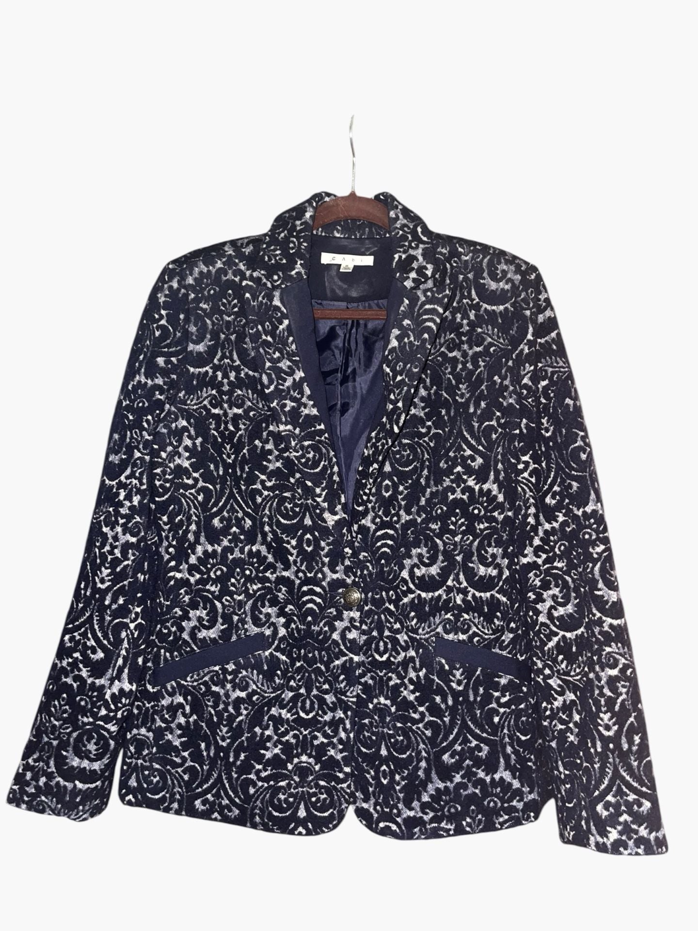 CAbi #109 Navy Velvet Jacquard Wool Blend Blazer 6 Damask Old Money Holiday 3
