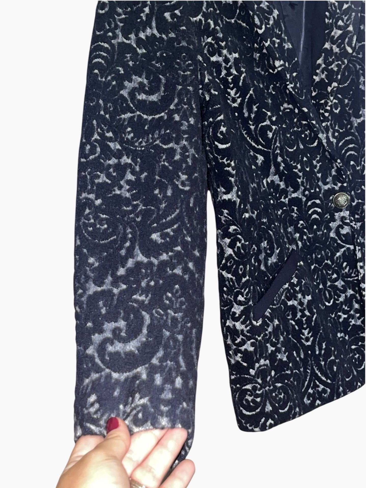 CAbi #109 Navy Velvet Jacquard Wool Blend Blazer 6 Damask Old Money Holiday 10