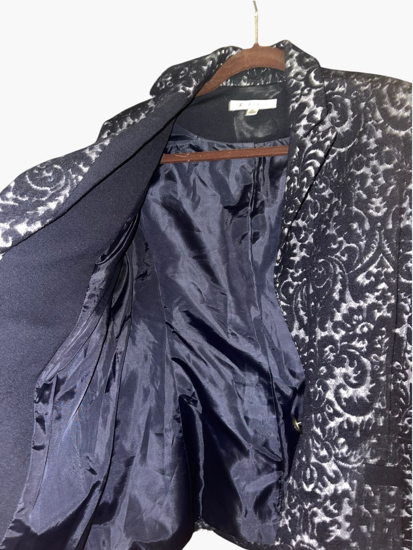 CAbi #109 Navy Velvet Jacquard Wool Blend Blazer 6 Damask Old Money Holiday 12
