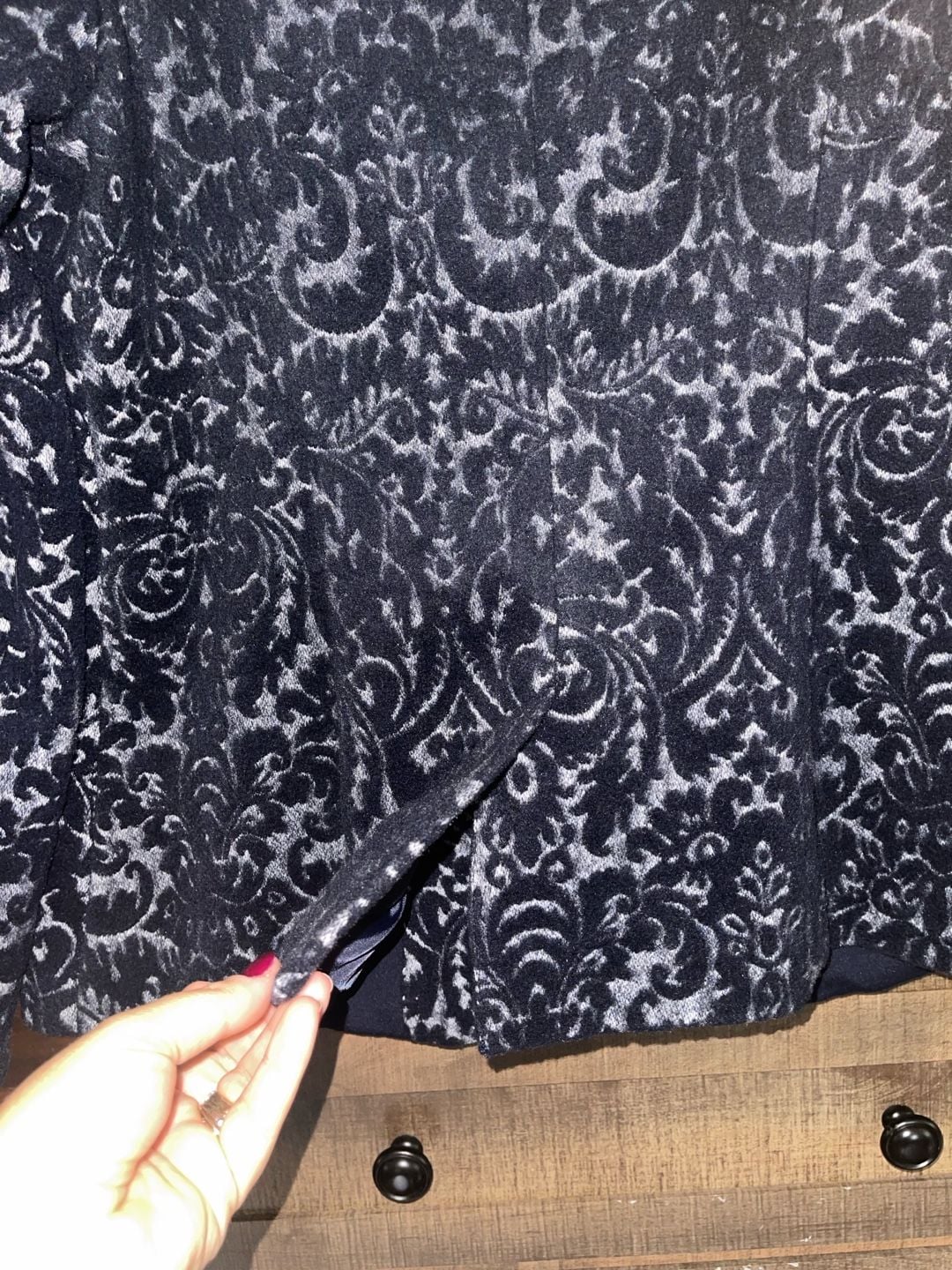 CAbi #109 Navy Velvet Jacquard Wool Blend Blazer 6 Damask Old Money Holiday 13