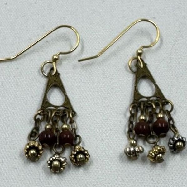 Vintage Style Filigree Chandelier Dangle Earrings with Brown Beaded Accents
