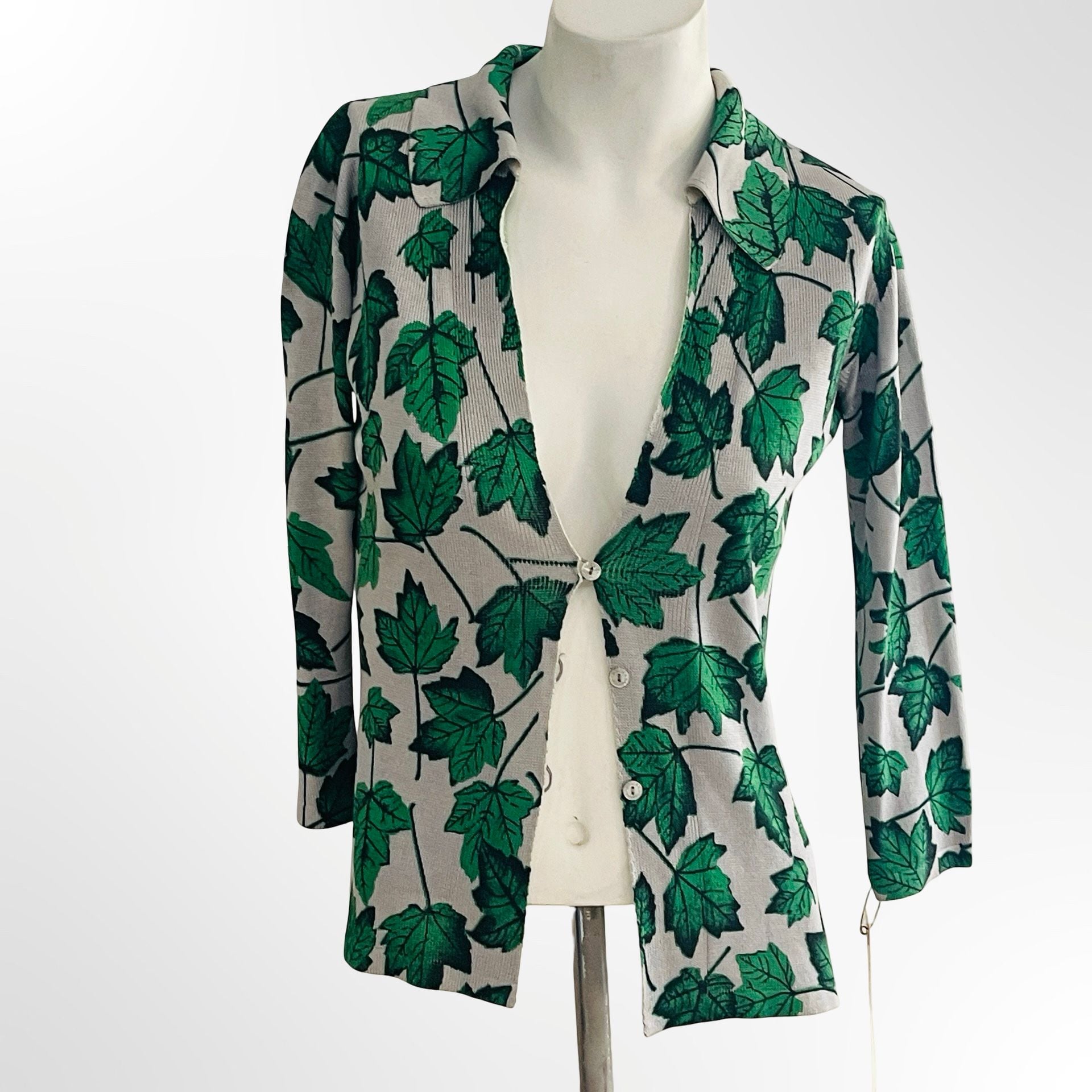 Vintage Green Leaf Print Blazer Size S Knit Jacket 3