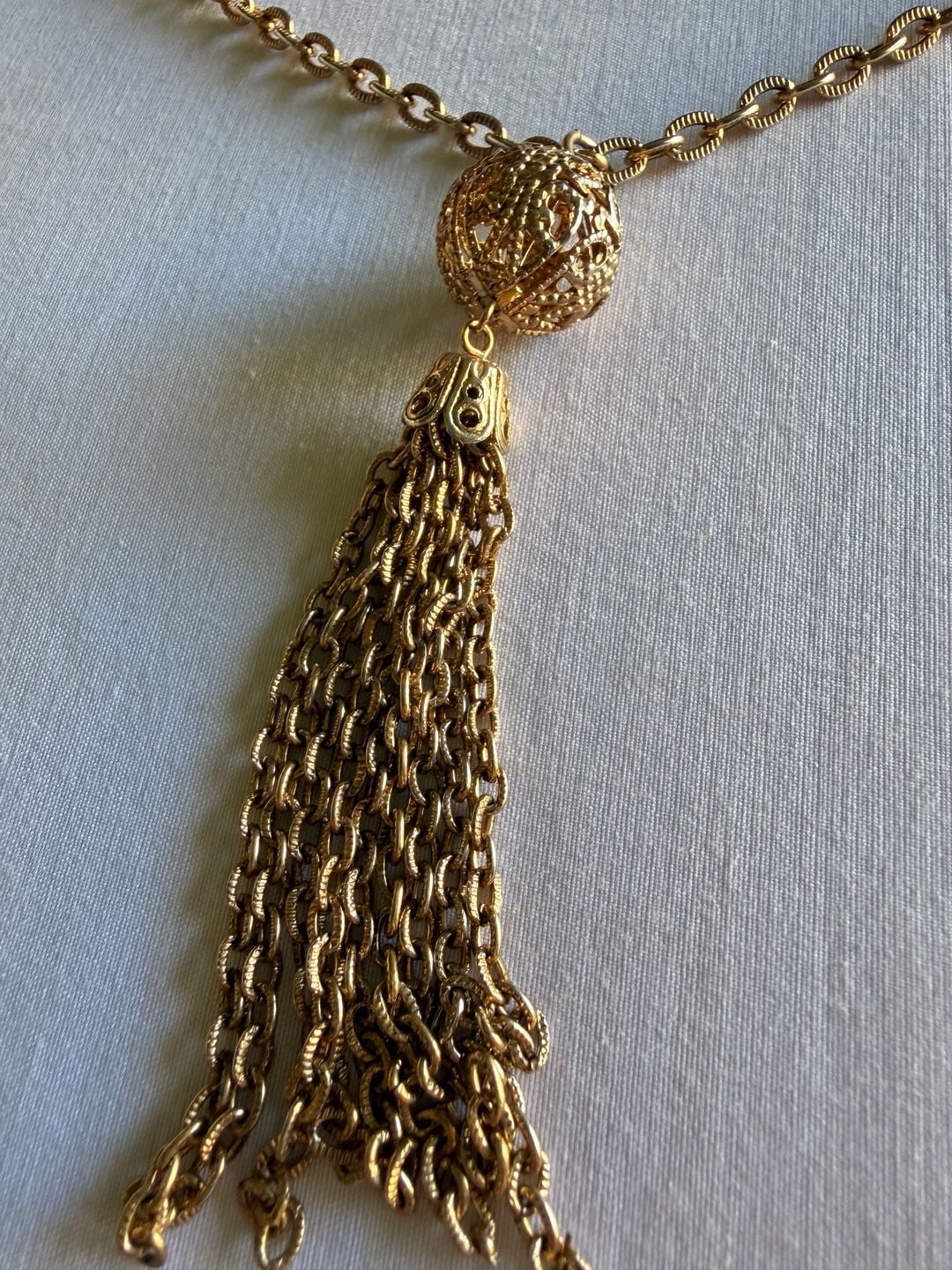 Vintage Gold Tone Filigree Ball Tassel Chain Necklace 6