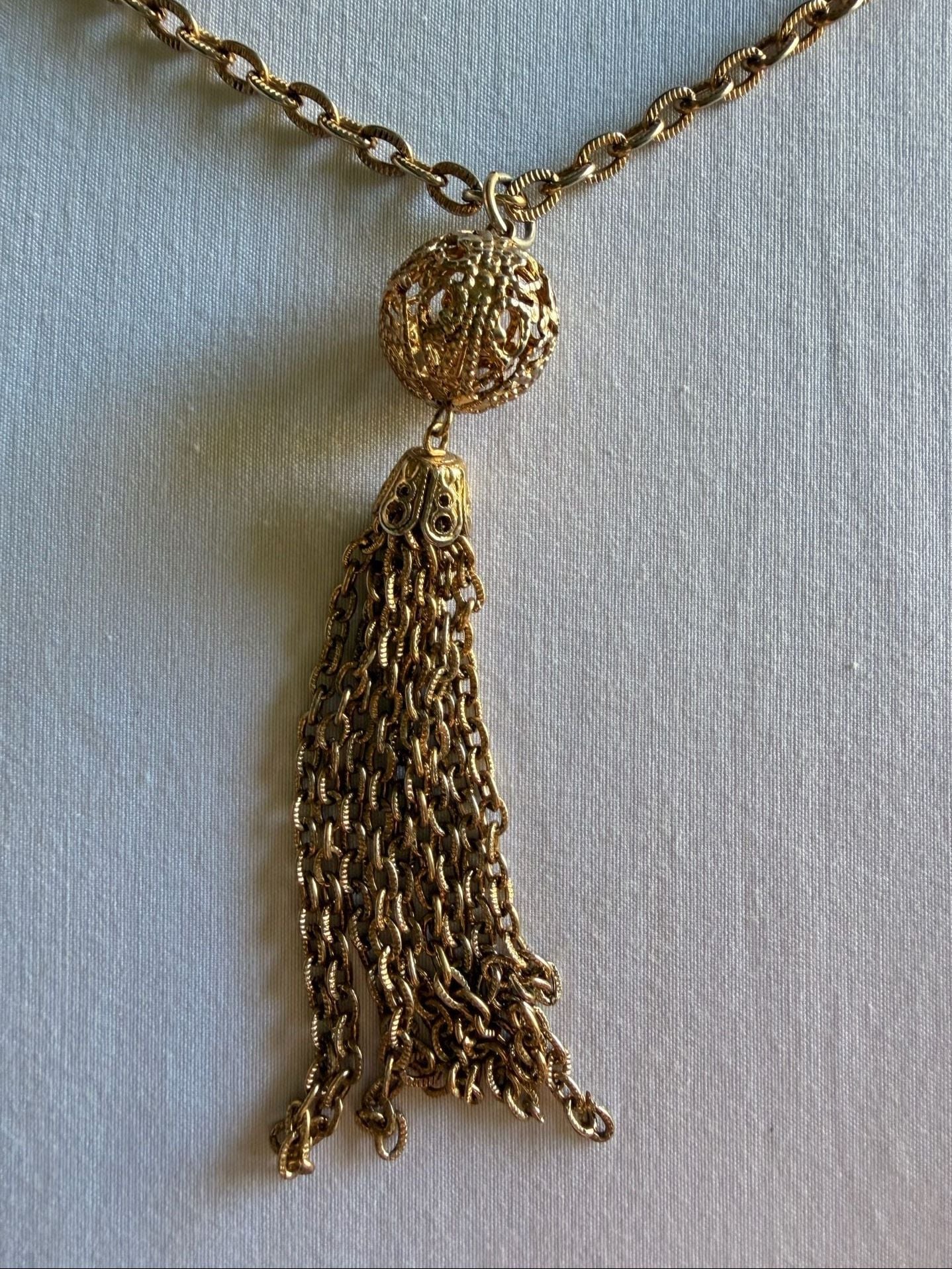 Vintage Gold Tone Filigree Ball Tassel Chain Necklace 7