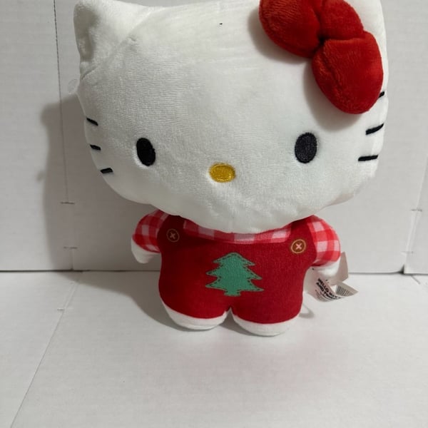 Hello Kitty Christmas Holiday Plush Toy Red Overalls Tree
