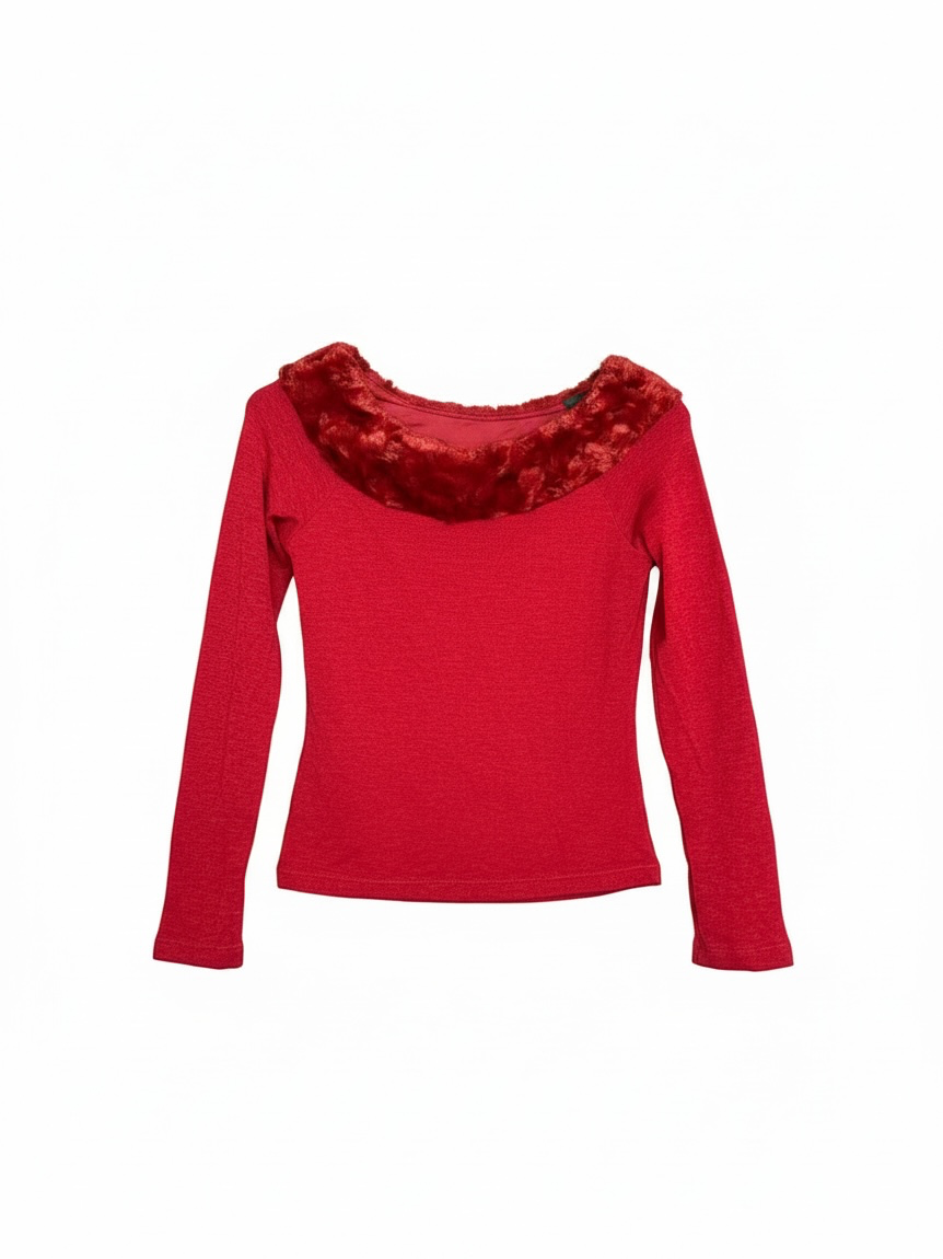 Copper Key Faux Fur Collar Long Sleeve Top Size L Red 2