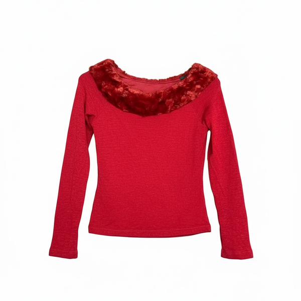 Copper Key Faux Fur Collar Long Sleeve Top Size L Red