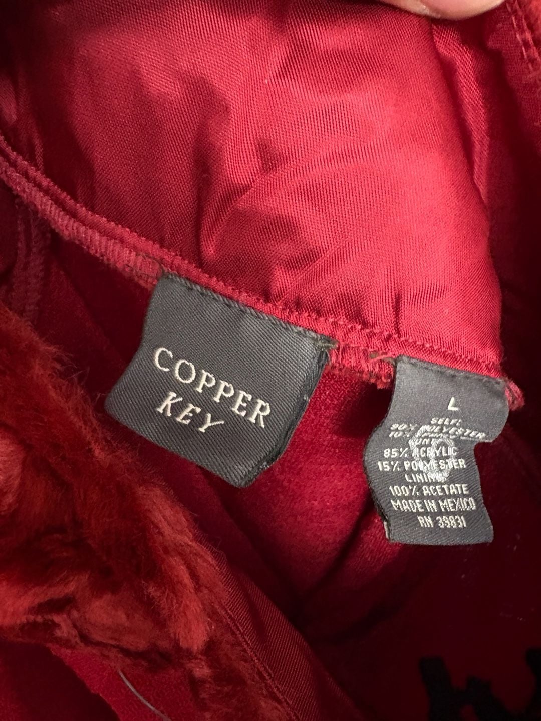 Copper Key Faux Fur Collar Long Sleeve Top Size L Red 5
