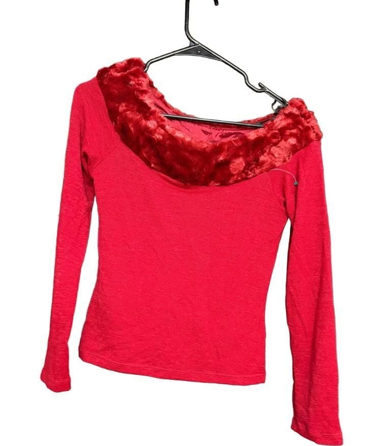 Copper Key Faux Fur Collar Long Sleeve Top Size L Red 4