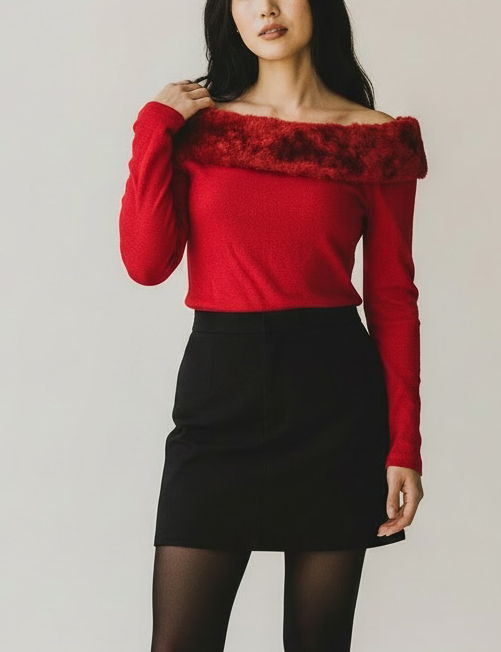 Copper Key Faux Fur Collar Long Sleeve Top Size L Red 3