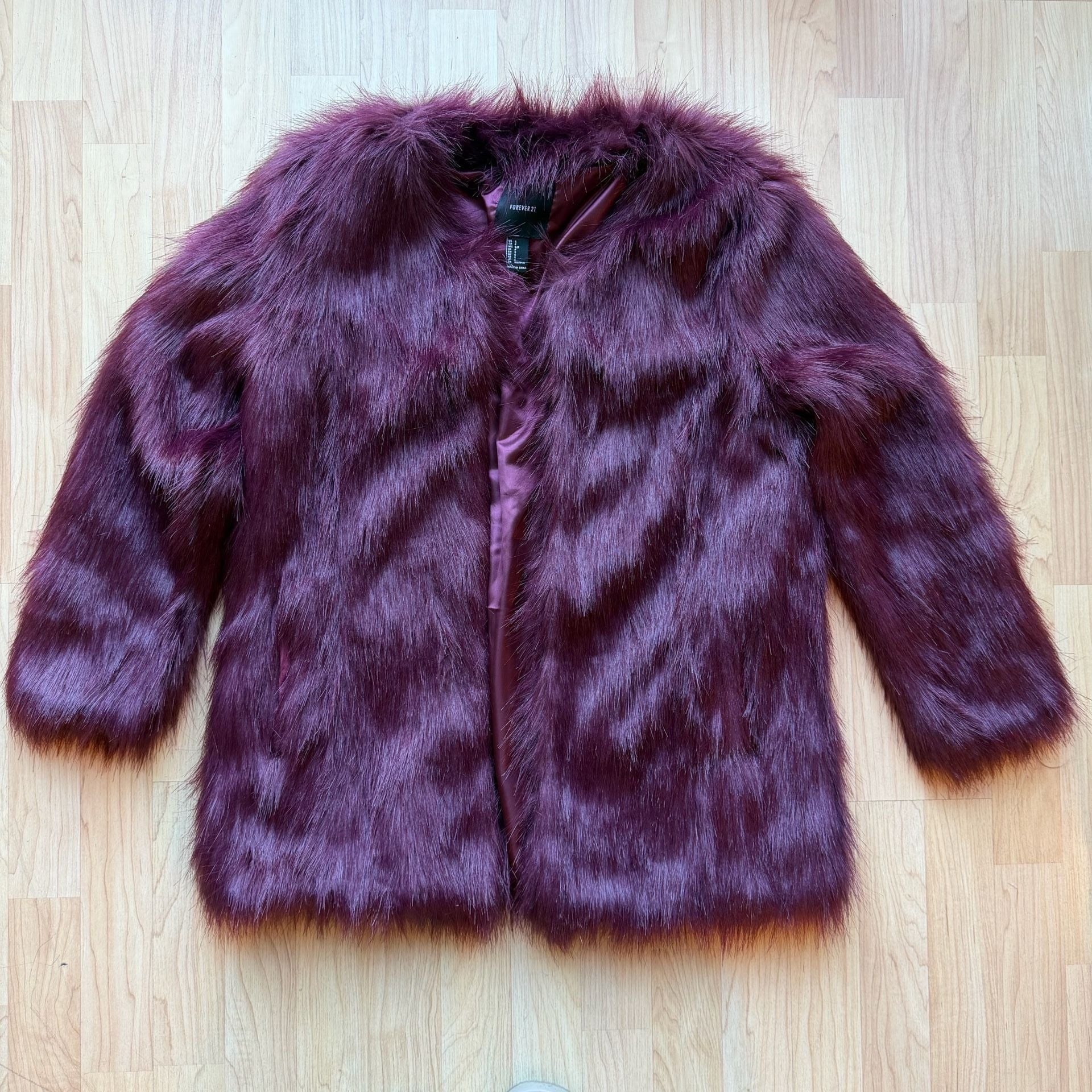 Faux Fur Fuzzy Coat Size S Burgundy Maroon Red Fall Winter Jacket 3