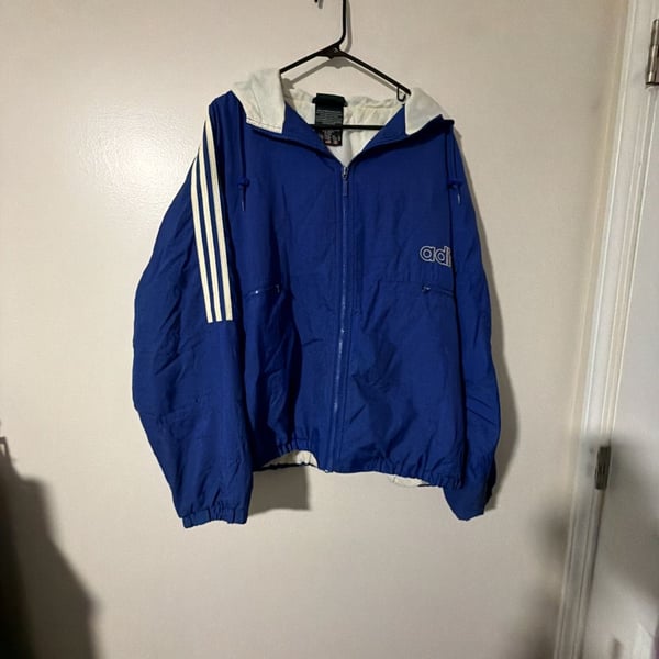 Adidas Vintage Hooded Jacket Size XL Blue White Quilted Lined