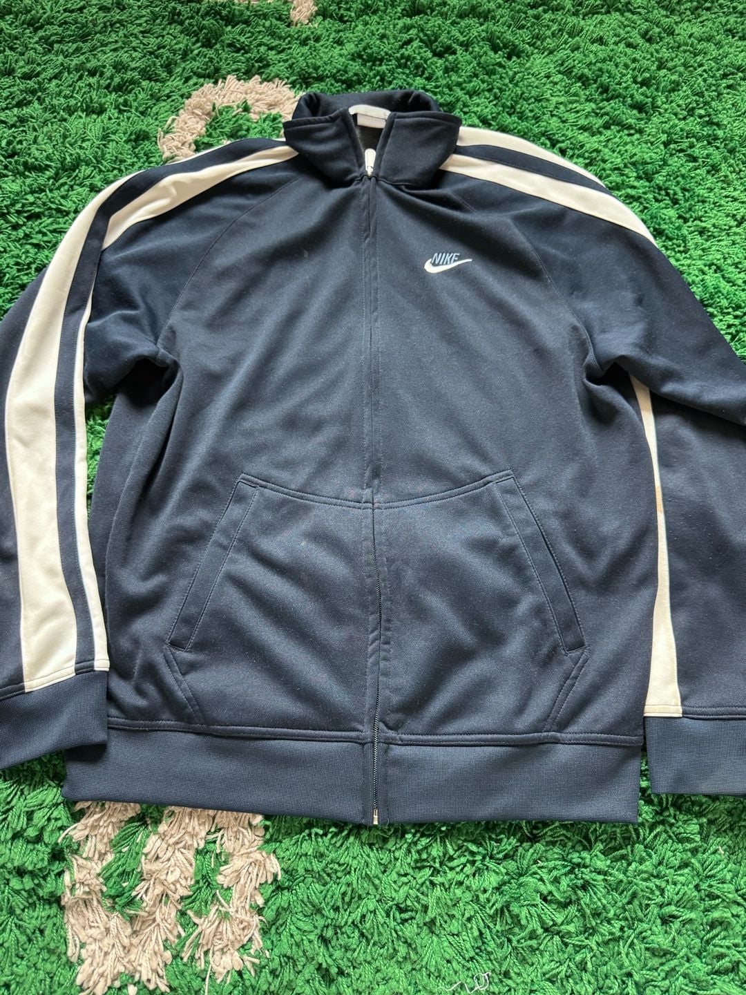 00’s Nike Track Jacket Size L Navy Blue White Stripe Full Zip Hooded Activewear 2