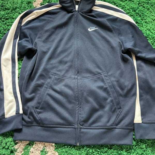 00’s Nike Track Jacket Size L Navy Blue White Stripe Full Zip Hooded Activewear