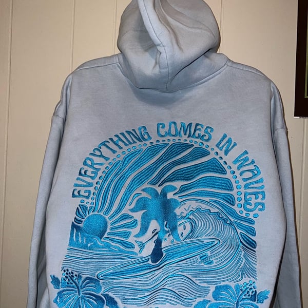 Pink Palm Puff Everything Comes In Waves Hoodie Blue Size Large