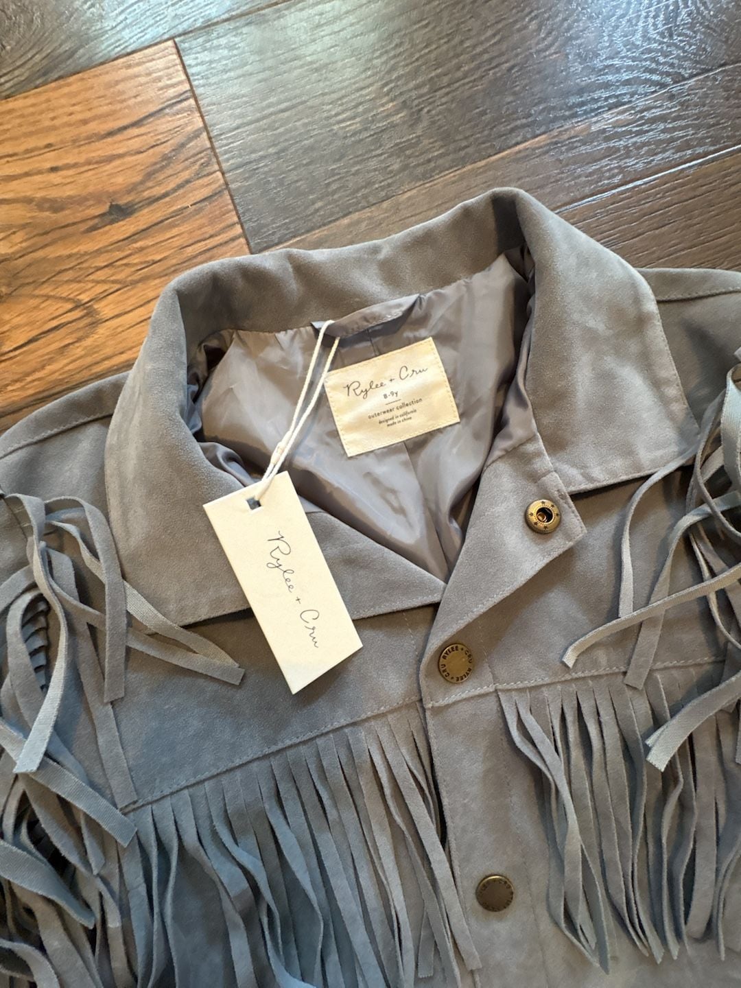 Rylee + Cru Fringe Jacket Size 8-9y Grey Suede NWT 3