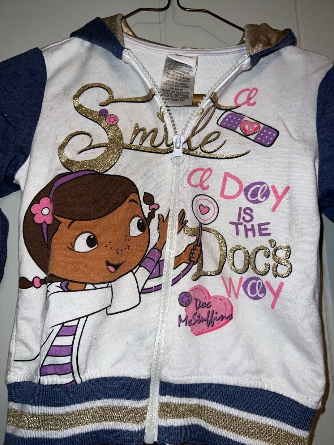 Disney Doc McStuffins Zip-Up Hoodie Size 5T White Blue Gold 1