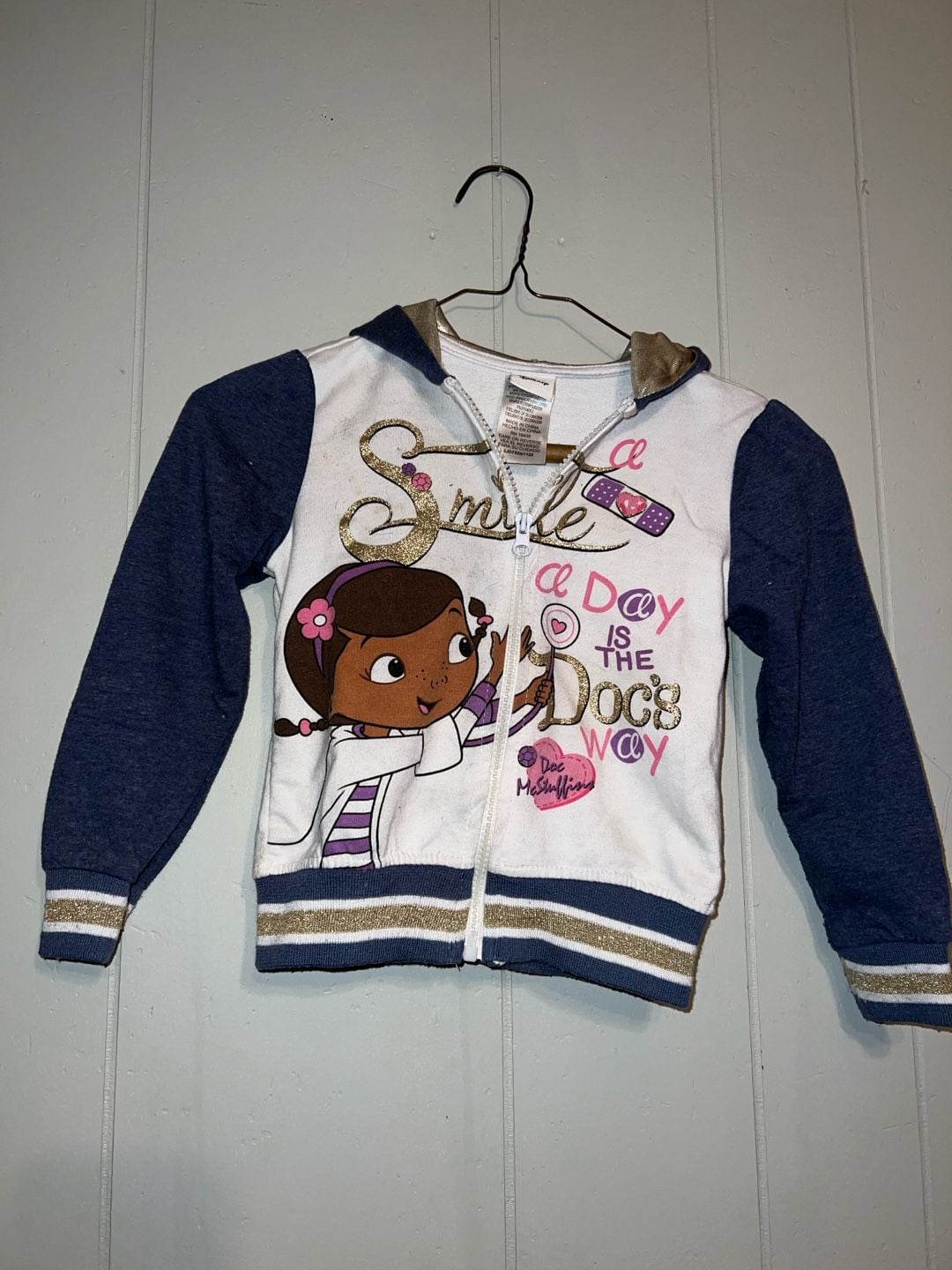 Disney Doc McStuffins Zip-Up Hoodie Size 5T White Blue Gold 5