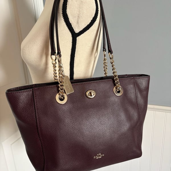Coach Turnlock Chain Tote 27 Oxblood Leather