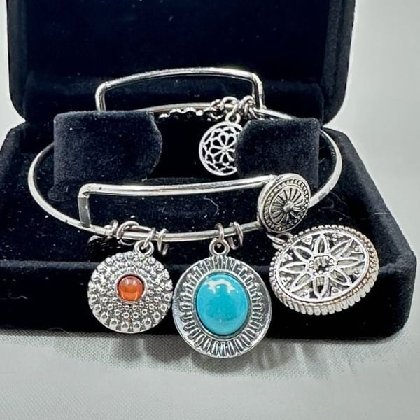 R.J. Graziano Silver Tone Charm Bracelet with Faux Turquoise and Coral Stones