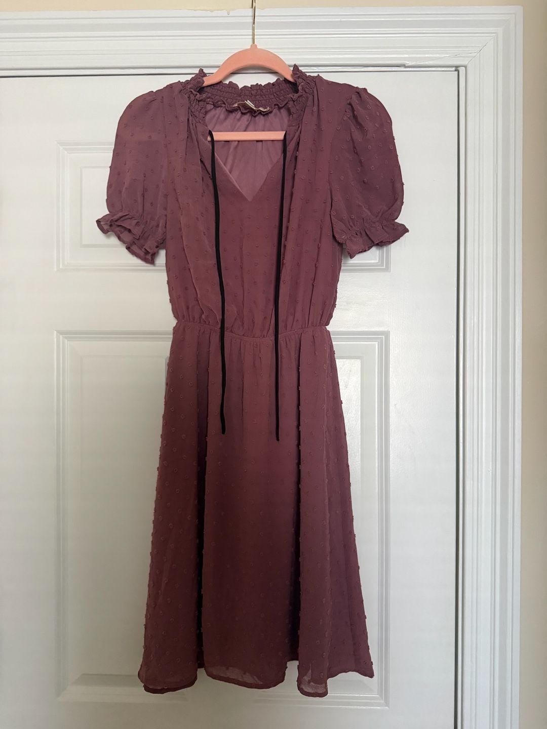 Monteau Los Angeles Dress Size S Mauve Polka Dot Flutter Sleeve V-Neck 2