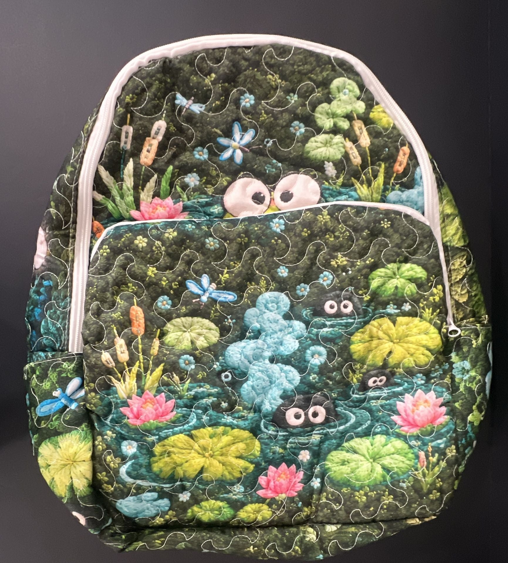Cute Kawaii Frog Green Quilted lLilly Pad Pond Backpack 2