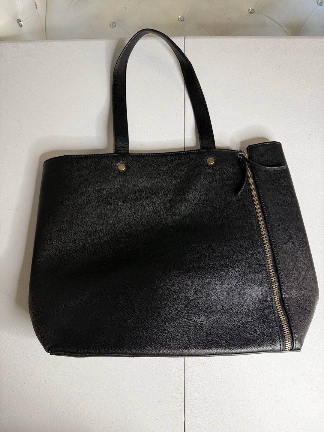 Neiman Marcus Black Faux Leather Open Top Tote Bag with Side Zippers 2