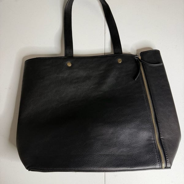 Neiman Marcus Black Faux Leather Open Top Tote Bag with Side Zippers