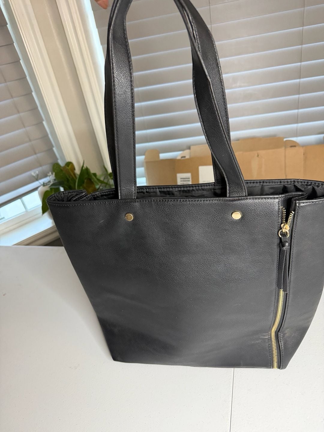 Neiman Marcus Black Faux Leather Open Top Tote Bag with Side Zippers 5