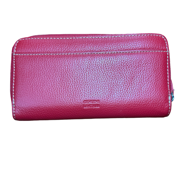 Genuine Leather Red Zip Around Wallet