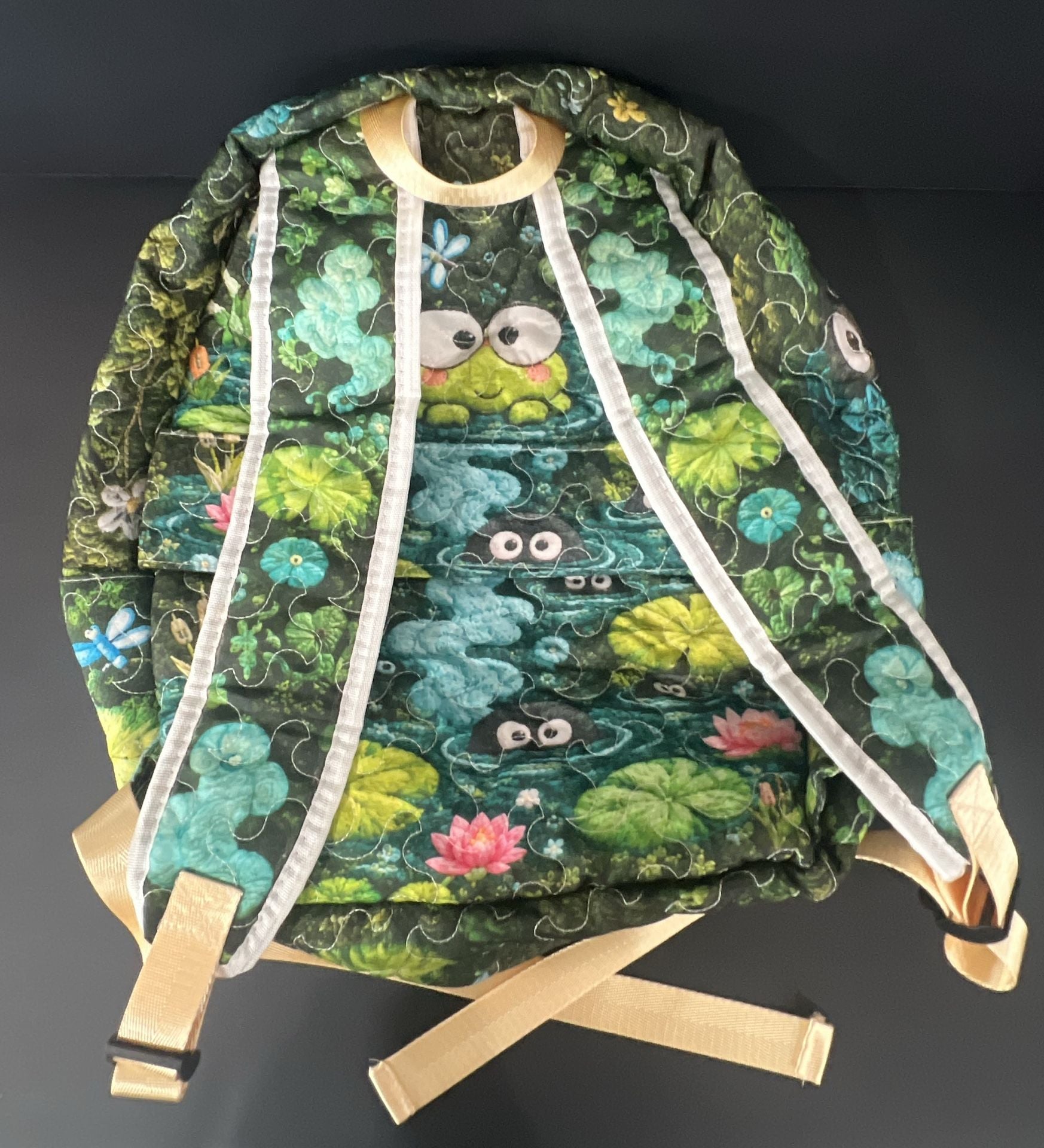 Cute Kawaii Frog Green Quilted lLilly Pad Pond Backpack 8
