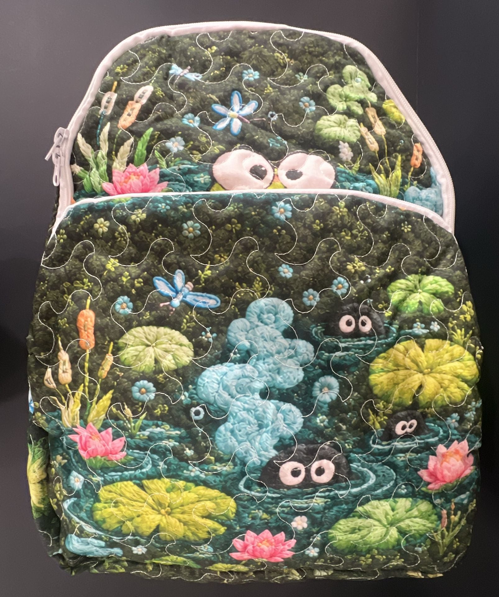 Cute Kawaii Frog Green Quilted lLilly Pad Pond Backpack 10
