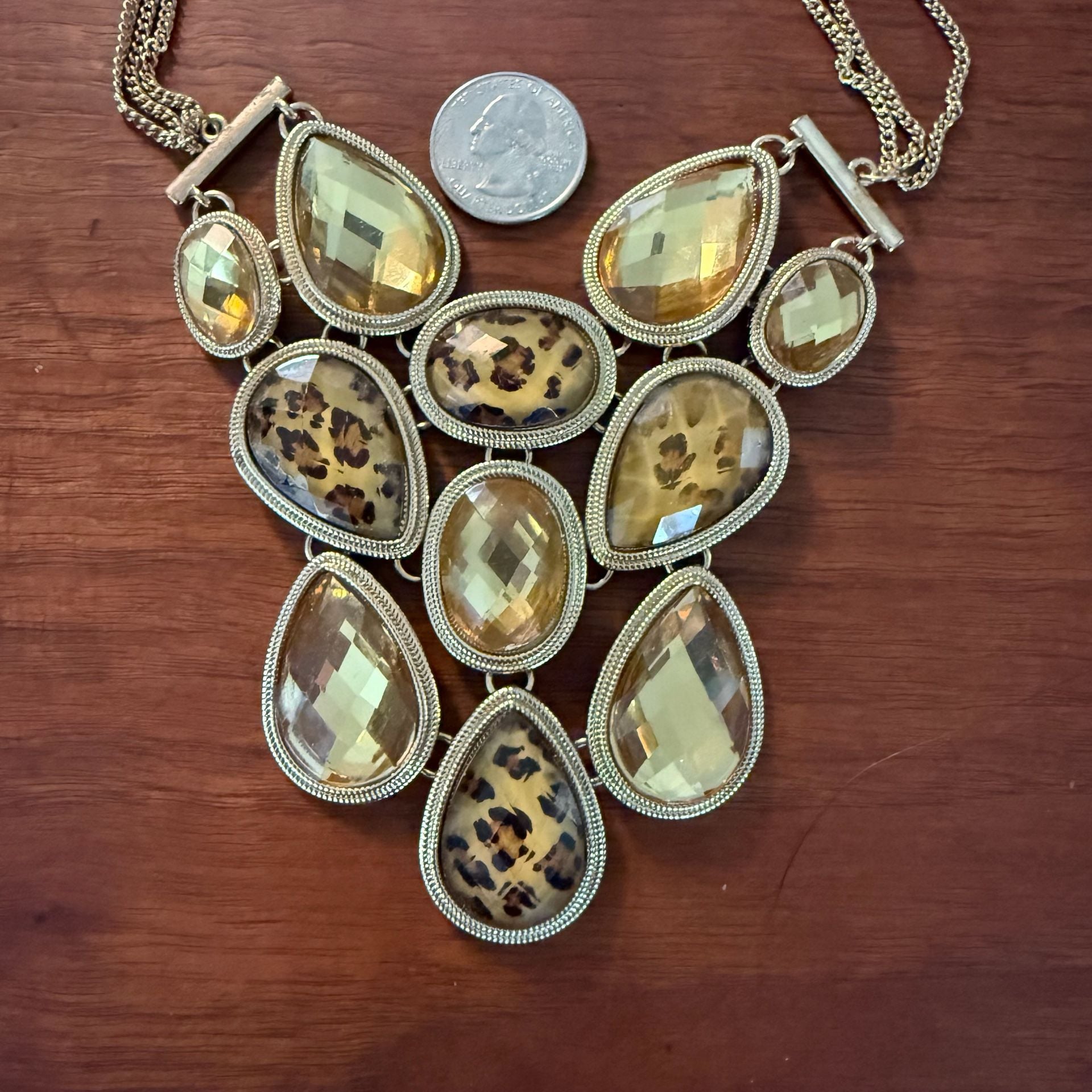 Gold Tone Statement Bib Necklace with Amber color and Leopard Print Stones 2
