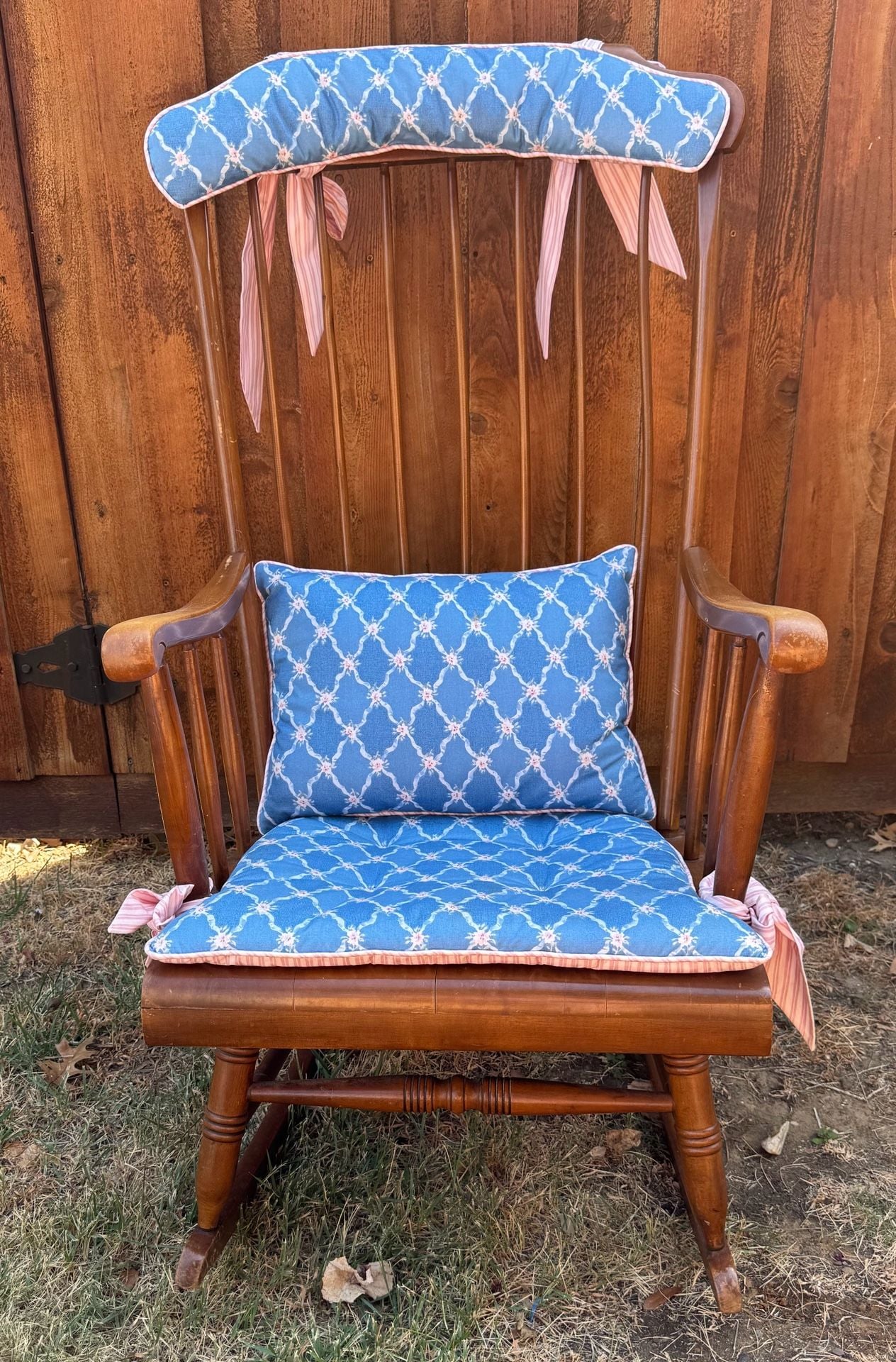Vintage Tall Spindle Rocking Chair Blue Pattern Cushions 1
