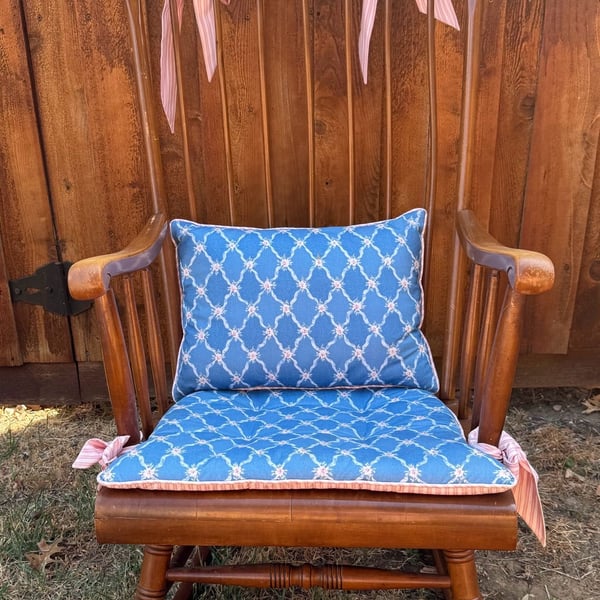 Vintage Tall Spindle Rocking Chair Blue Pattern Cushions