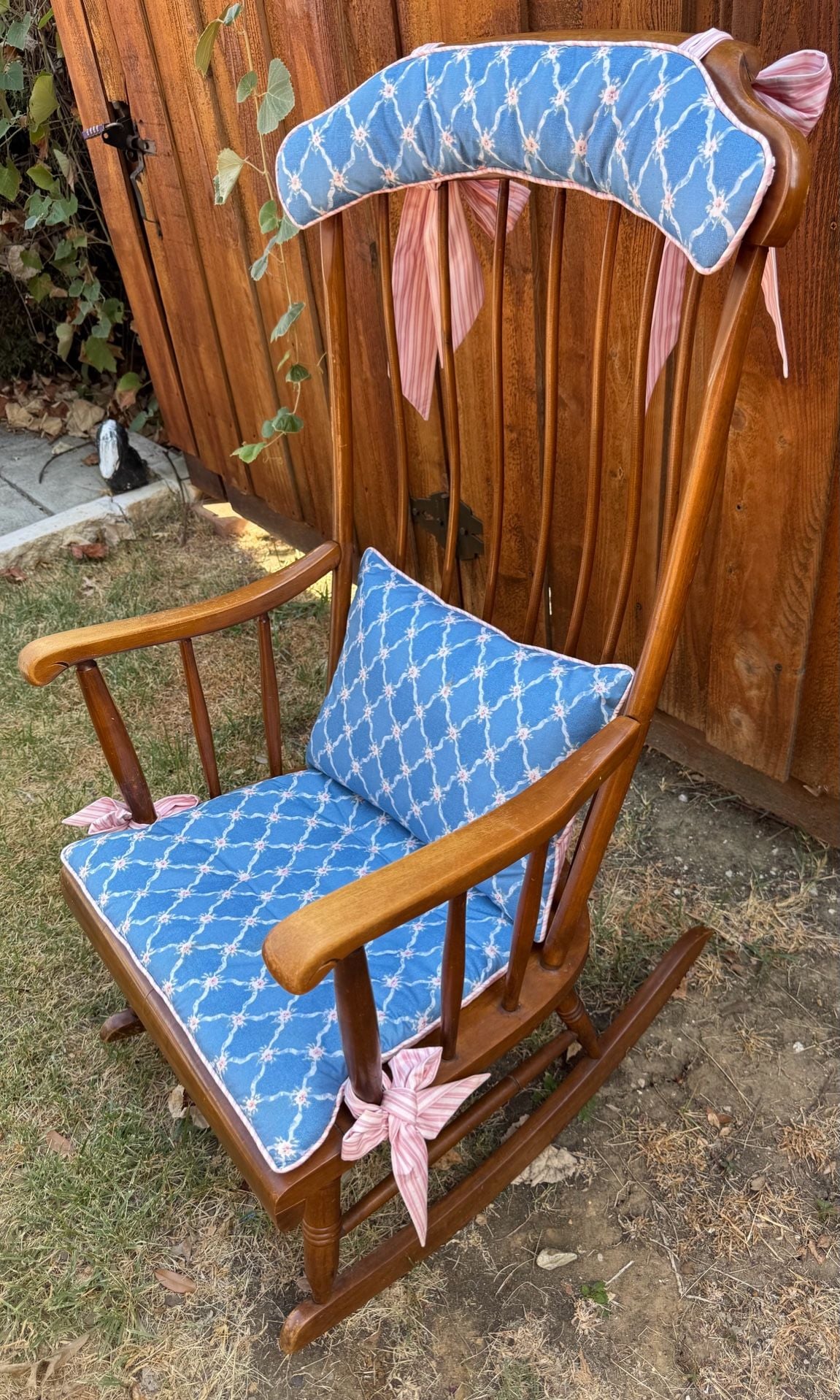 Vintage Tall Spindle Rocking Chair Blue Pattern Cushions 2
