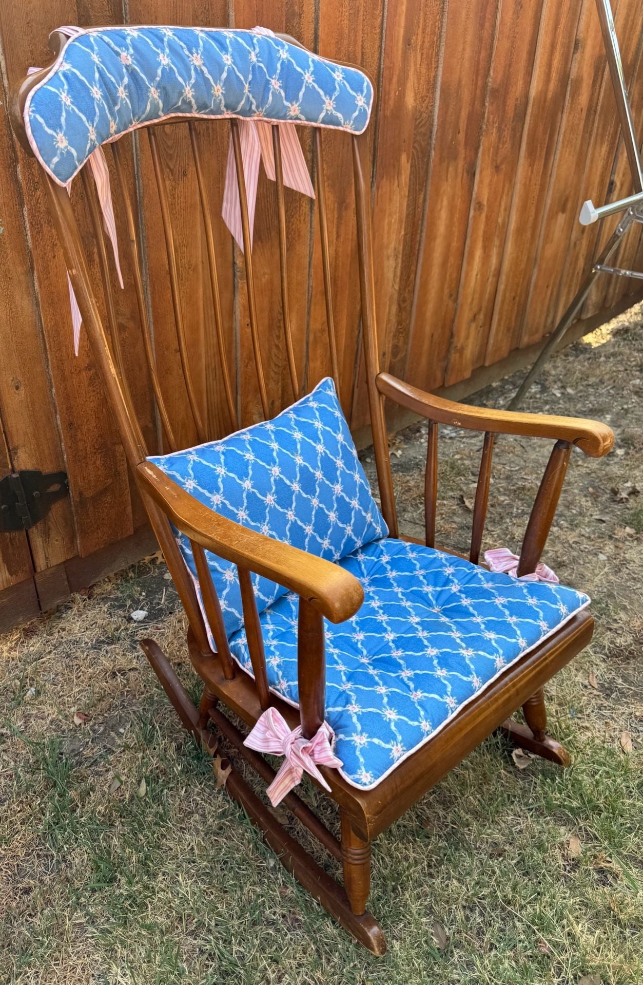 Vintage Tall Spindle Rocking Chair Blue Pattern Cushions 3
