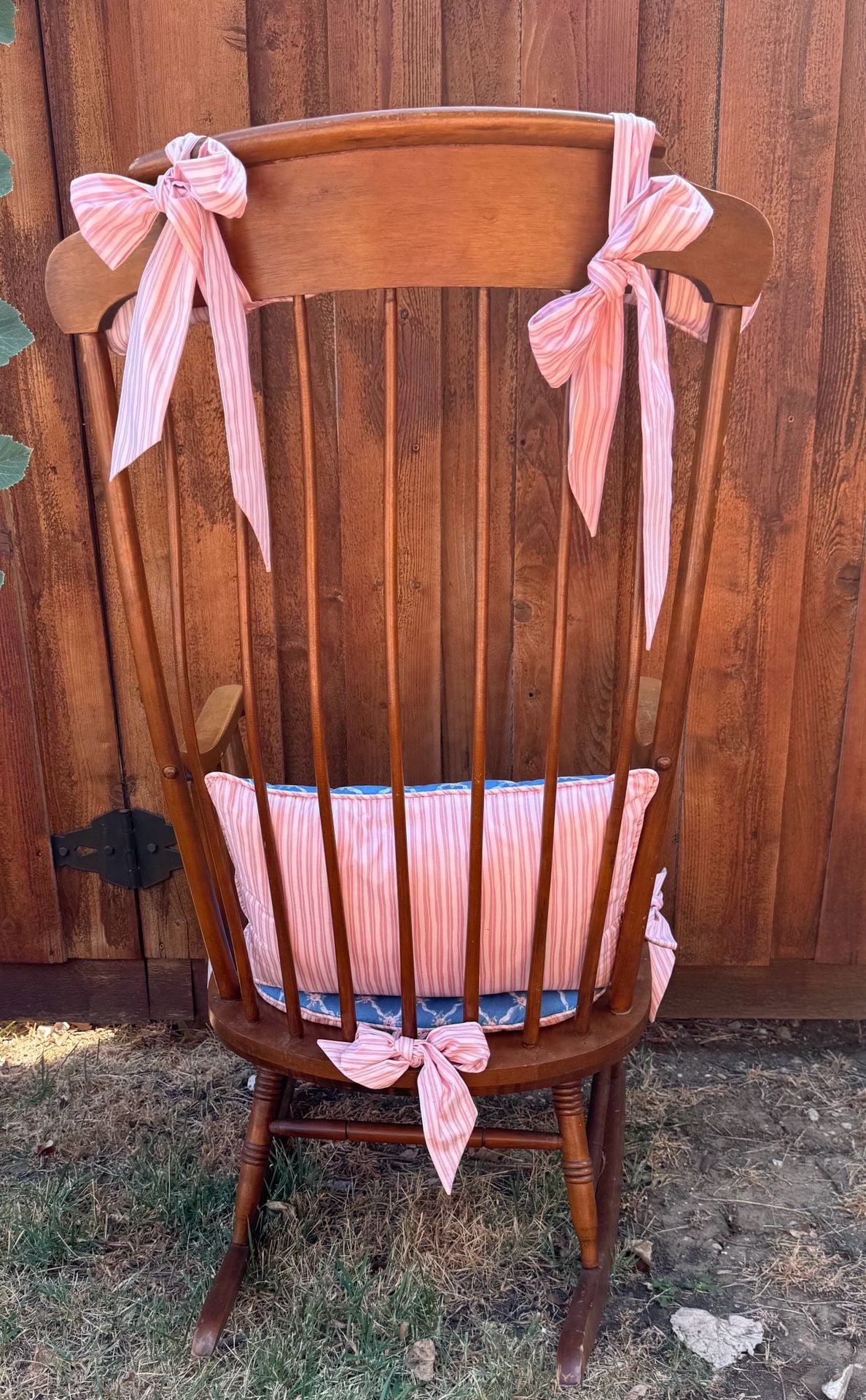 Vintage Tall Spindle Rocking Chair Blue Pattern Cushions 4
